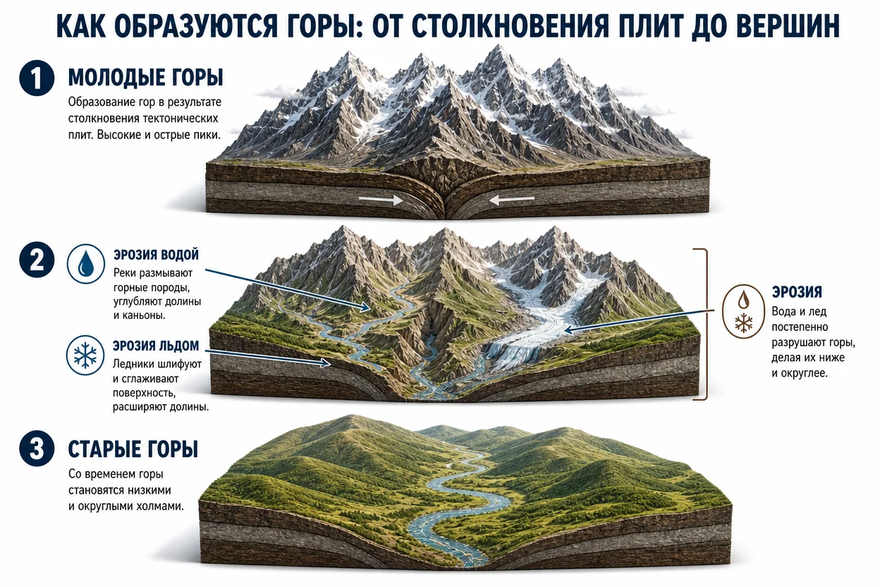 Эрозия гор — реки и ледники разрушают вершины, снижая горный хребет со временем