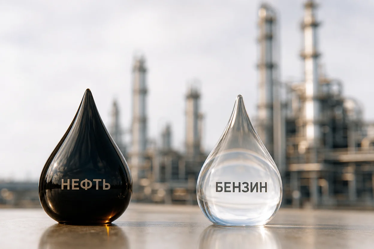 Как получают бензин из нефти — сырая нефть и капля бензина на фоне НПЗ