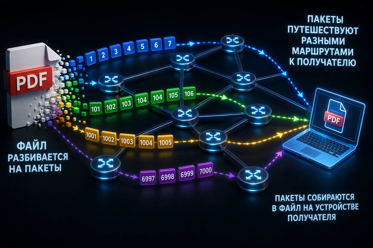 Как работает интернет скачать шаг 4: разбиение файла на пакеты данных в сети
