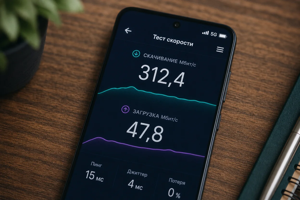 Мобильный интернет шаг 6: проверка уровня сигнала и типа сети 5G на экране смартфона