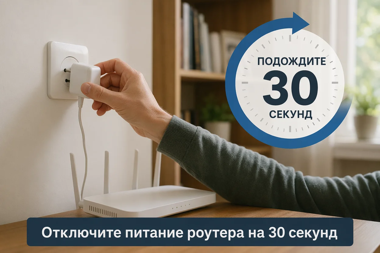Как сделать чтоб интернет работал шаг 2: перезагрузка роутера отключением питания на 30 секунд