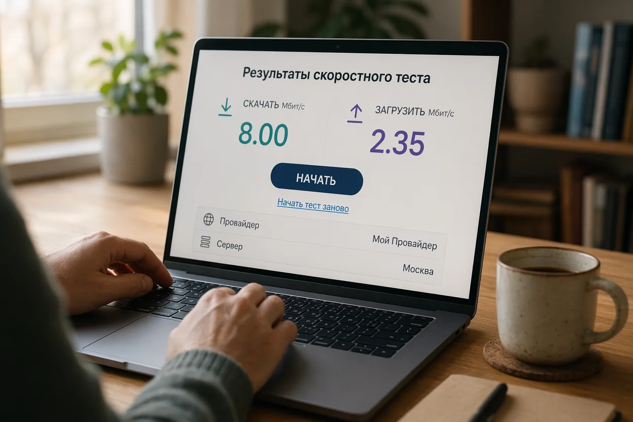 Проверить как работает интернет шаг 5: запуск теста скорости через Speedtest на экране ноутбука