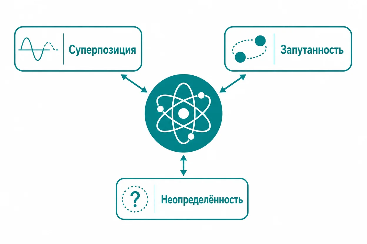 Схема квантовой физики: суперпозиция, запутанность и неопределённость — инфографика связей