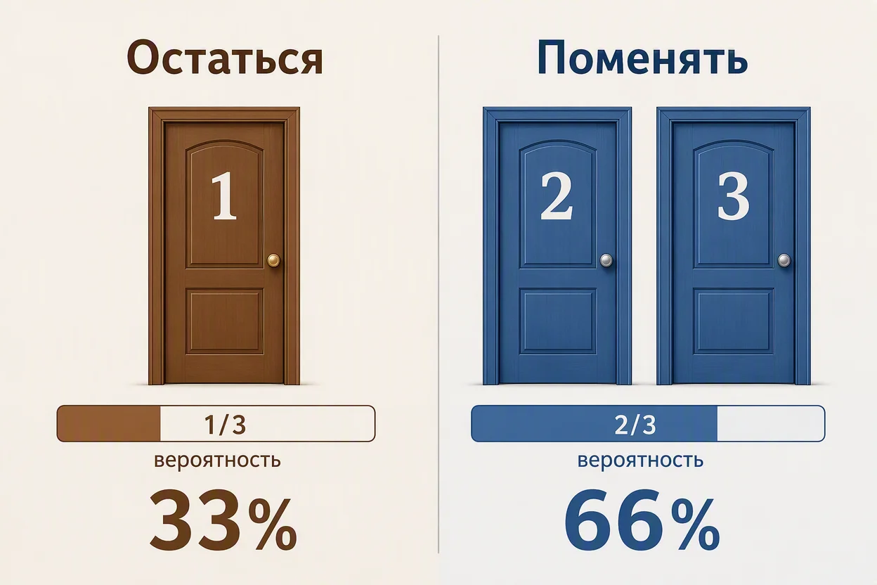 Парадокс Монти Холла — сравнение двух стратегий выбора двери с шансами 1/3 и 2/3