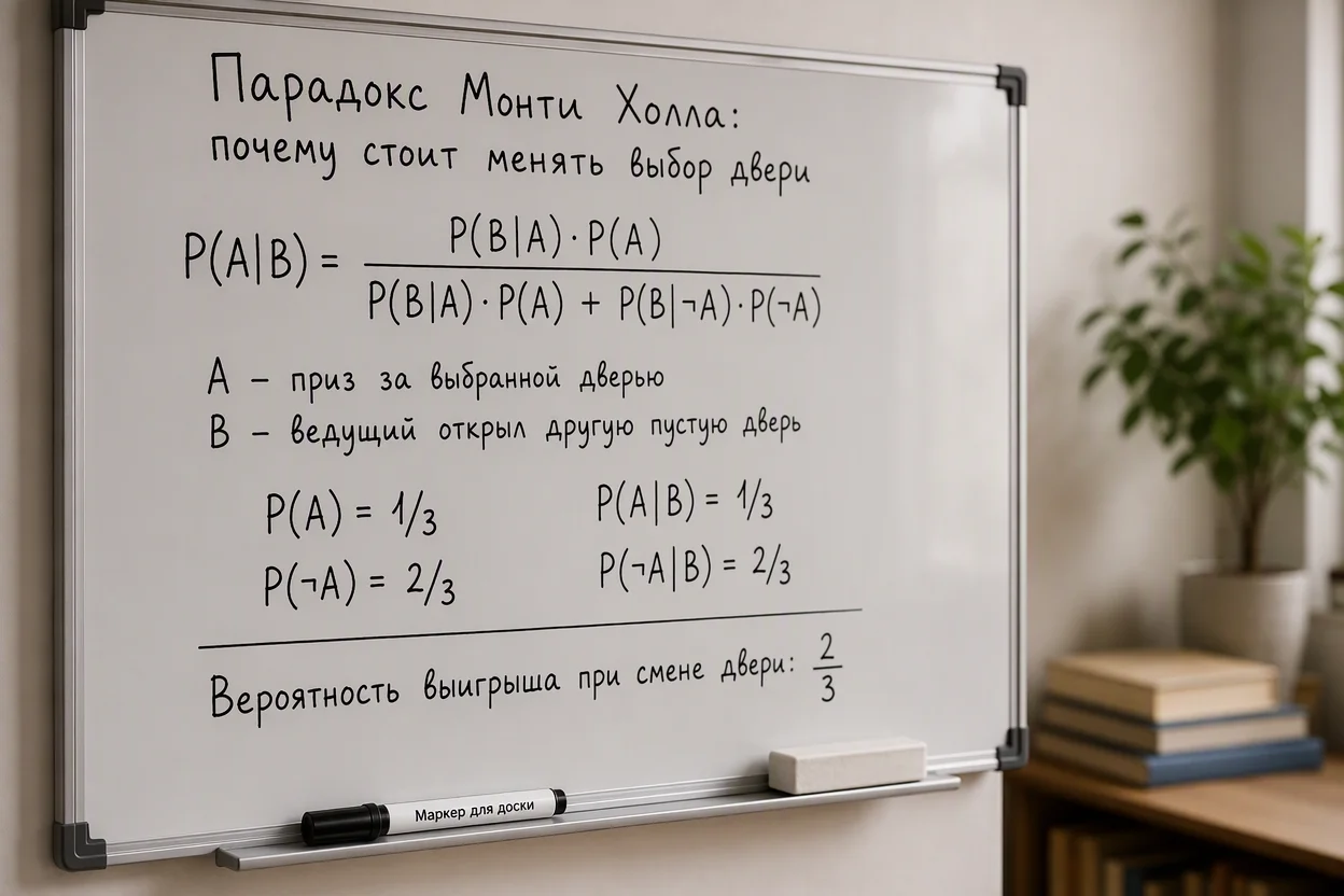 Парадокс Монти Холла — расчёт условной вероятности через теорему Байеса на доске
