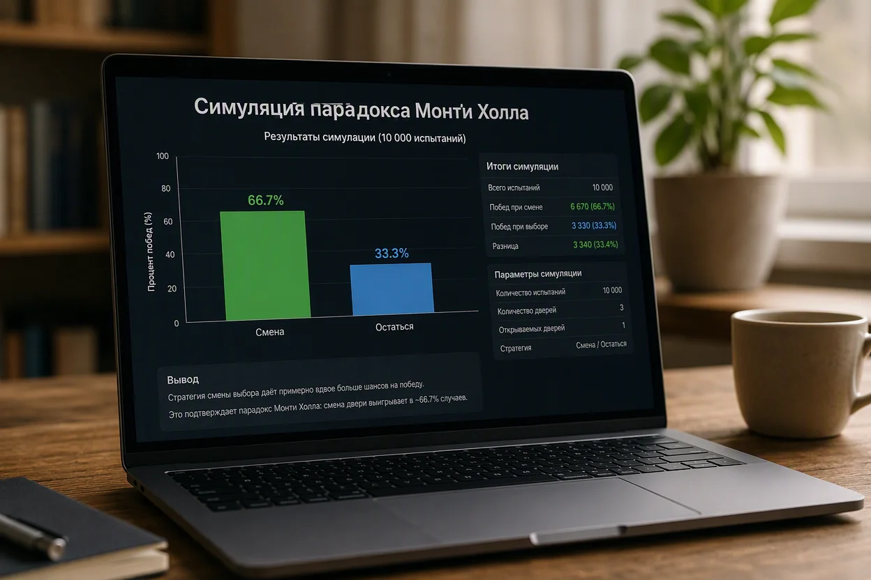 Парадокс Монти Холла — компьютерная симуляция тысячи игр подтверждает шанс 2/3