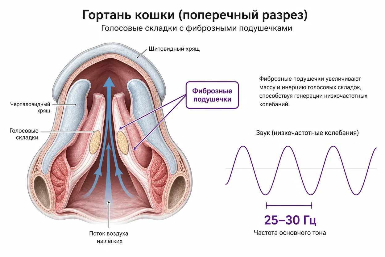 Почему кошки мурлыкают — фиброзные подушечки на голосовых складках дают частоту 25–30 Гц, схема