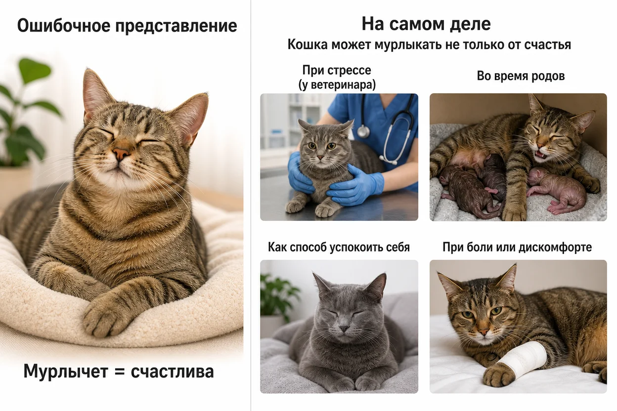 Почему кошки мурлыкают: заблуждение против реальности — сравнительная инфографика