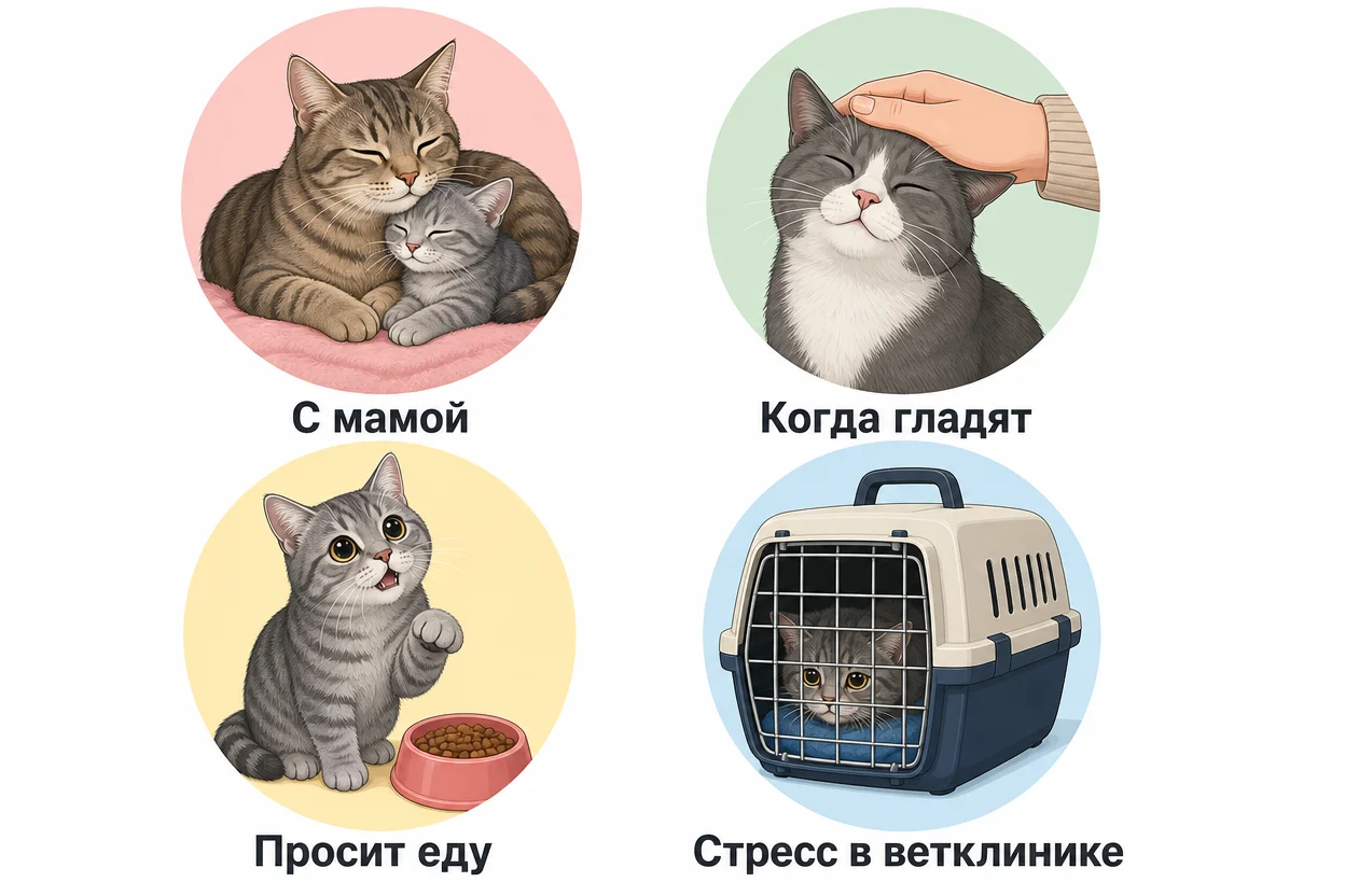 Почему кошки мурлыкают — контекст: еда, контакт, стресс → разные функции сигнала, инфографика