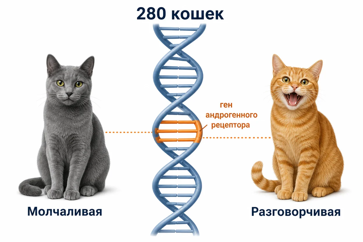 Почему кошки мурлыкают — ген андрогенного рецептора влияет на вокализацию у 280 кошек, схема