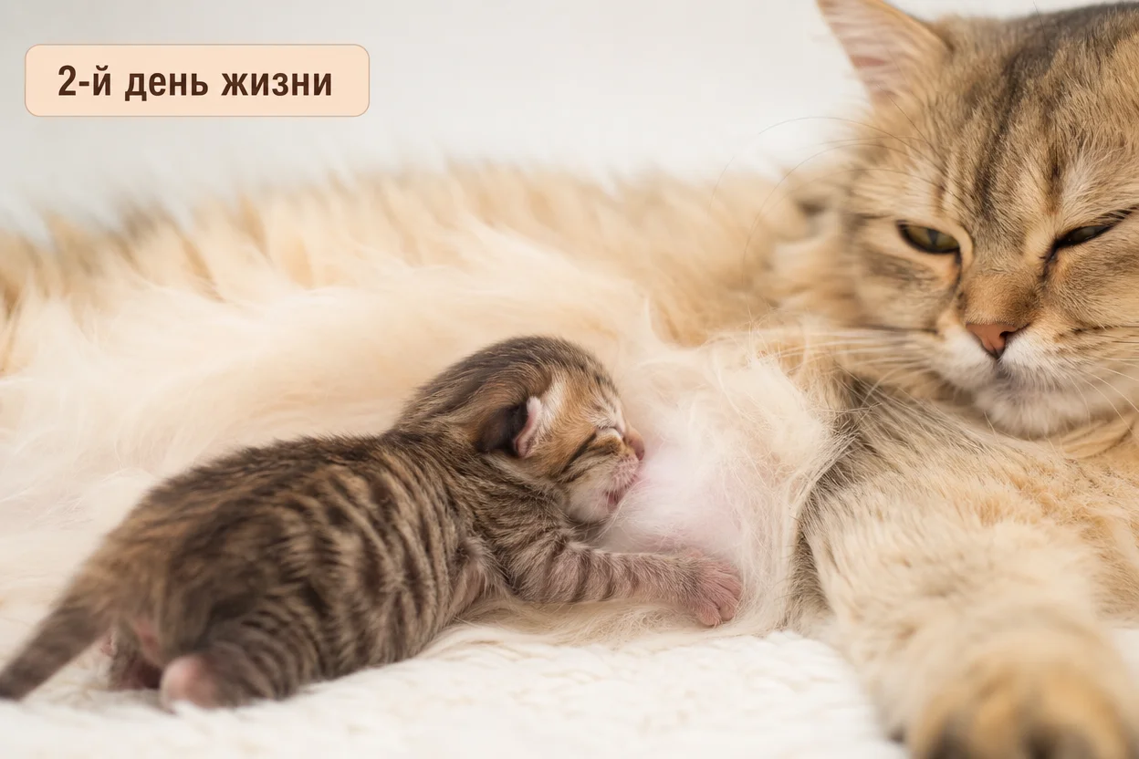 Мурлыканье кошек начинается у котят на 2-й день жизни как связь с матерью, иллюстрация
