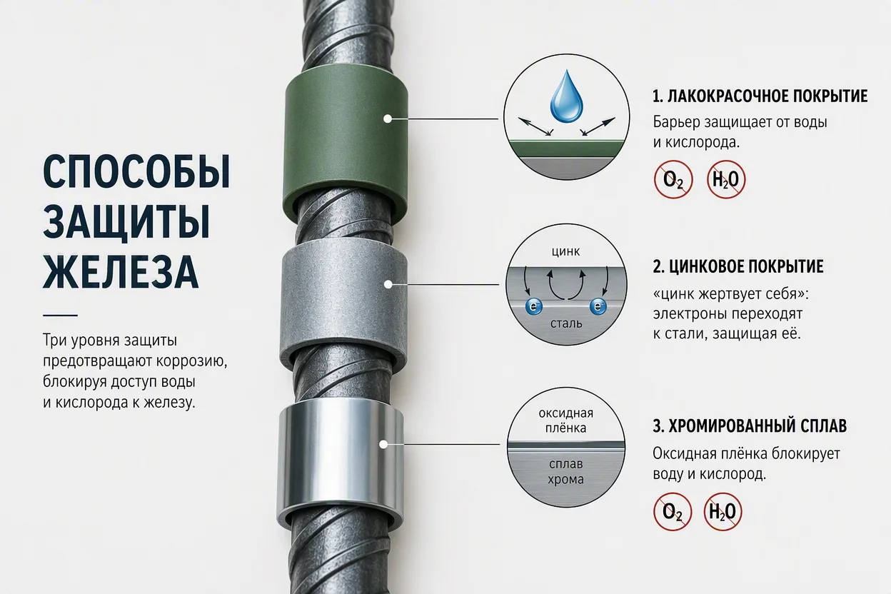 Защита от ржавчины — барьер краски и цинка останавливает окисление железа, схема, инфографика