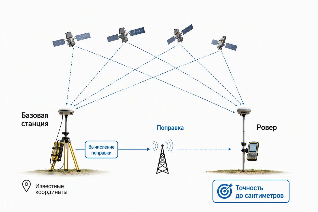 Дифференциальная коррекция GPS — схема работы базовой станции и RTK для сантиметровой точности