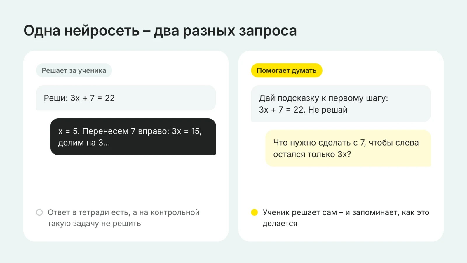 Одна нейросеть, два запроса: решить за ученика или помочь думать
