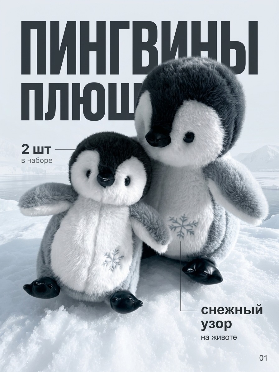 Набор мягких игрушек пингвины 2 шт плюшевые серо-белые для детей