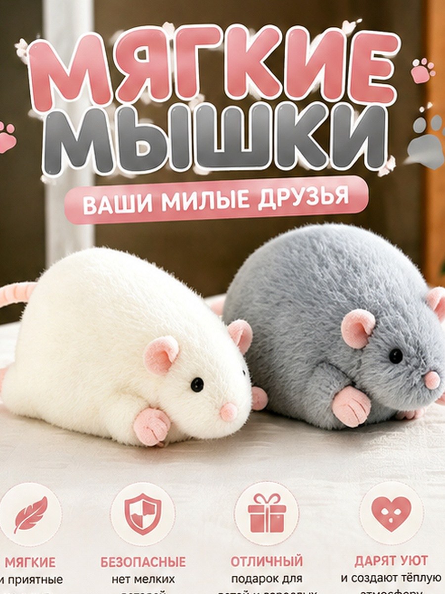 Мягкая игрушка Мышка плюшевая, белая/серая, 14 см