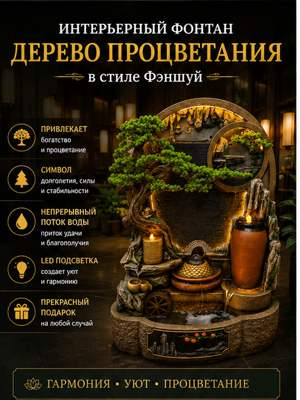 Большой интерьерный фонтан "Дерево процветания" в стиле Фэншуй