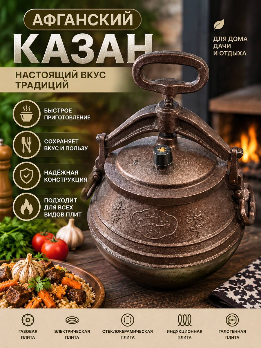 Афганский казан с крышкой и зажимным механизмом, казан для мяса, плова и тушения