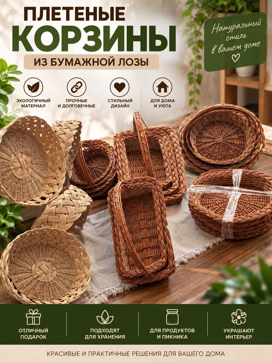 Корзины плетёные из бумажной лозы для хранения и сервировки, декоративные корзинки для дома