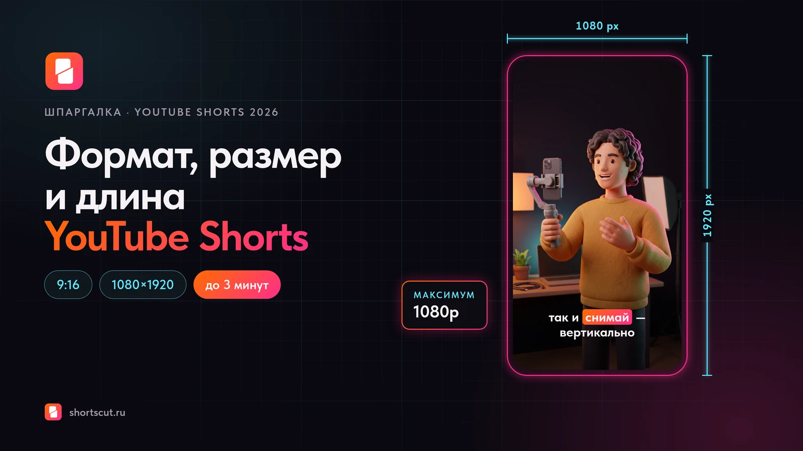 Формат YouTube Shorts: вертикальный кадр 9:16, размер 1080×1920 и длина до 3 минут