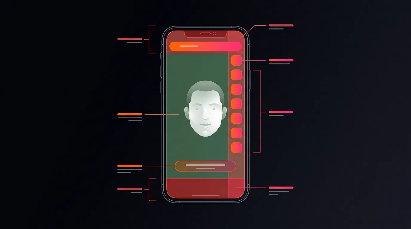 Экран смартфона с отмеченными безопасными зонами для лица и субтитров в вертикальном видео