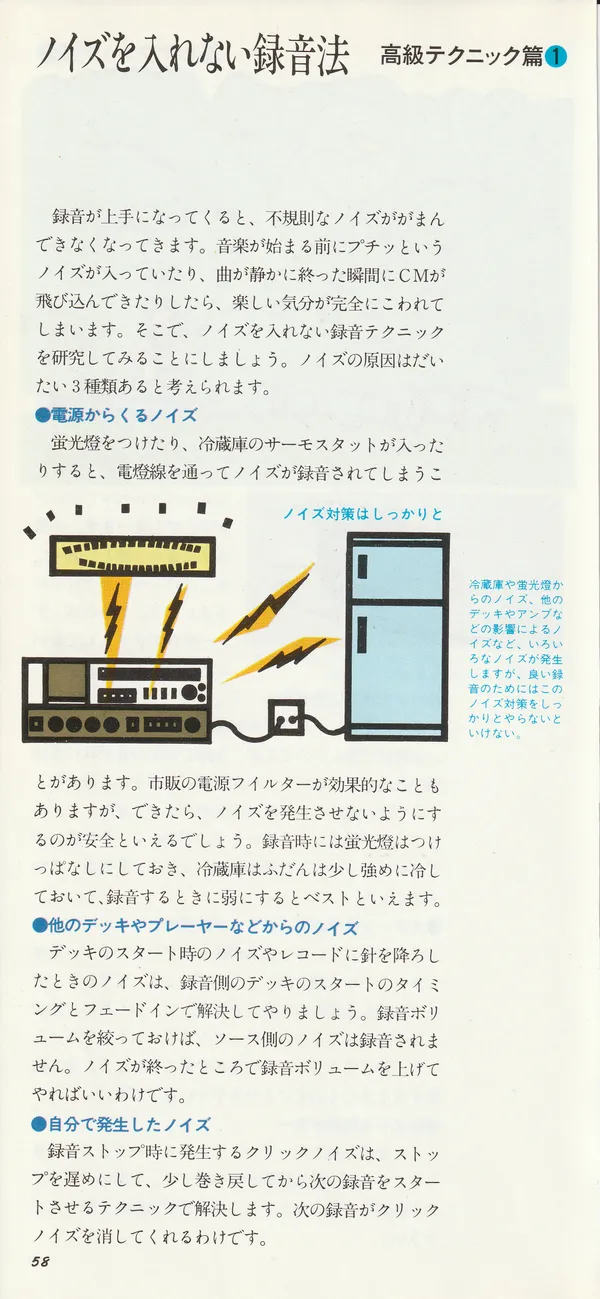 Стр. 58 справочника Sony Audio Cassette Handbook 1979 - заставка раздела «Запись без шума»: дека, холодильник, люминесцентная лампа и молнии от каждого из них