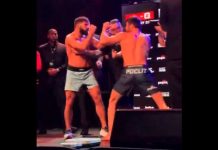 Драка на взвешивании перед турниром PFL в Брюсселе Драка на взвешивании перед турниром PFL в Брюсселе