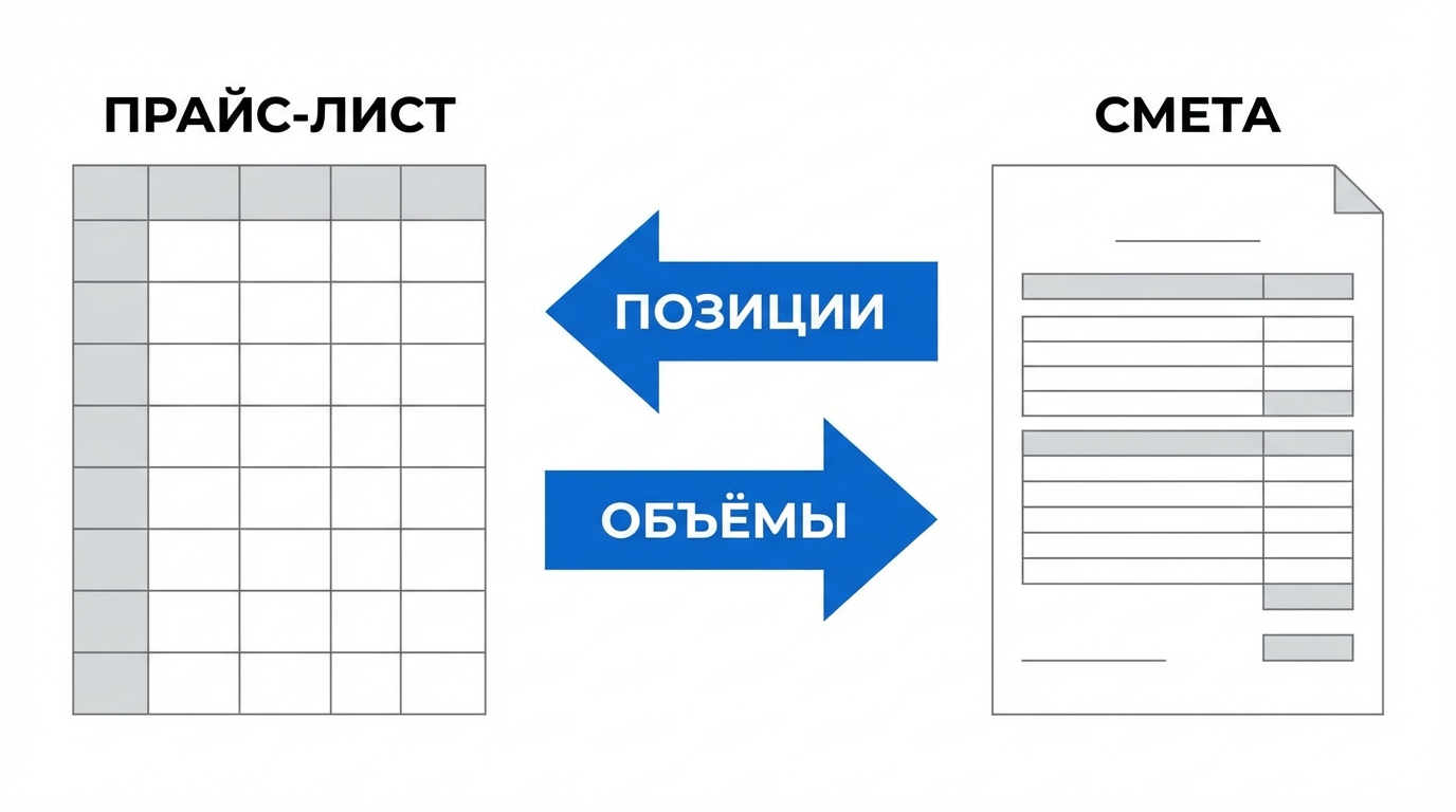 Схема: из прайс-листа и объёмов собирается смета