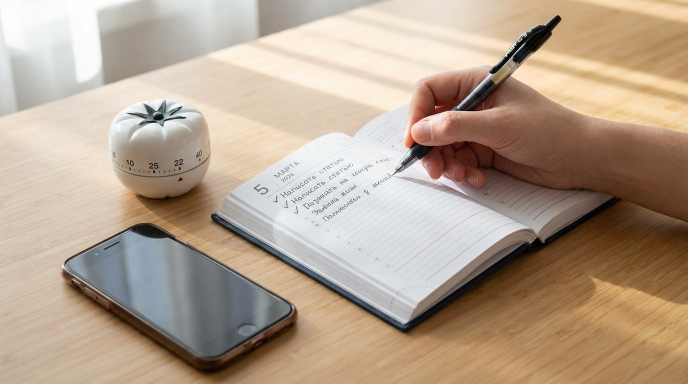 Человек отмечает в ежедневнике одну важную задачу