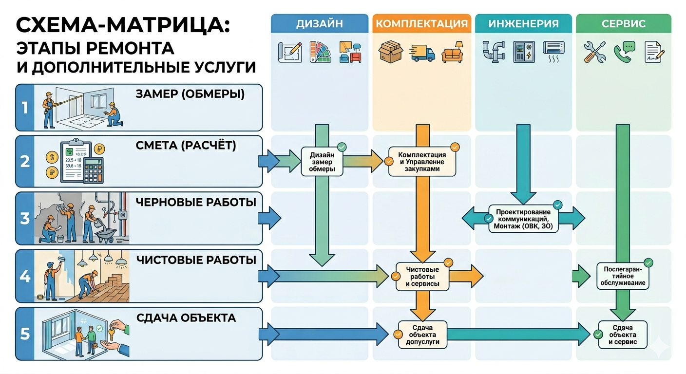 Матрица кросс‑продаж по этапам ремонта