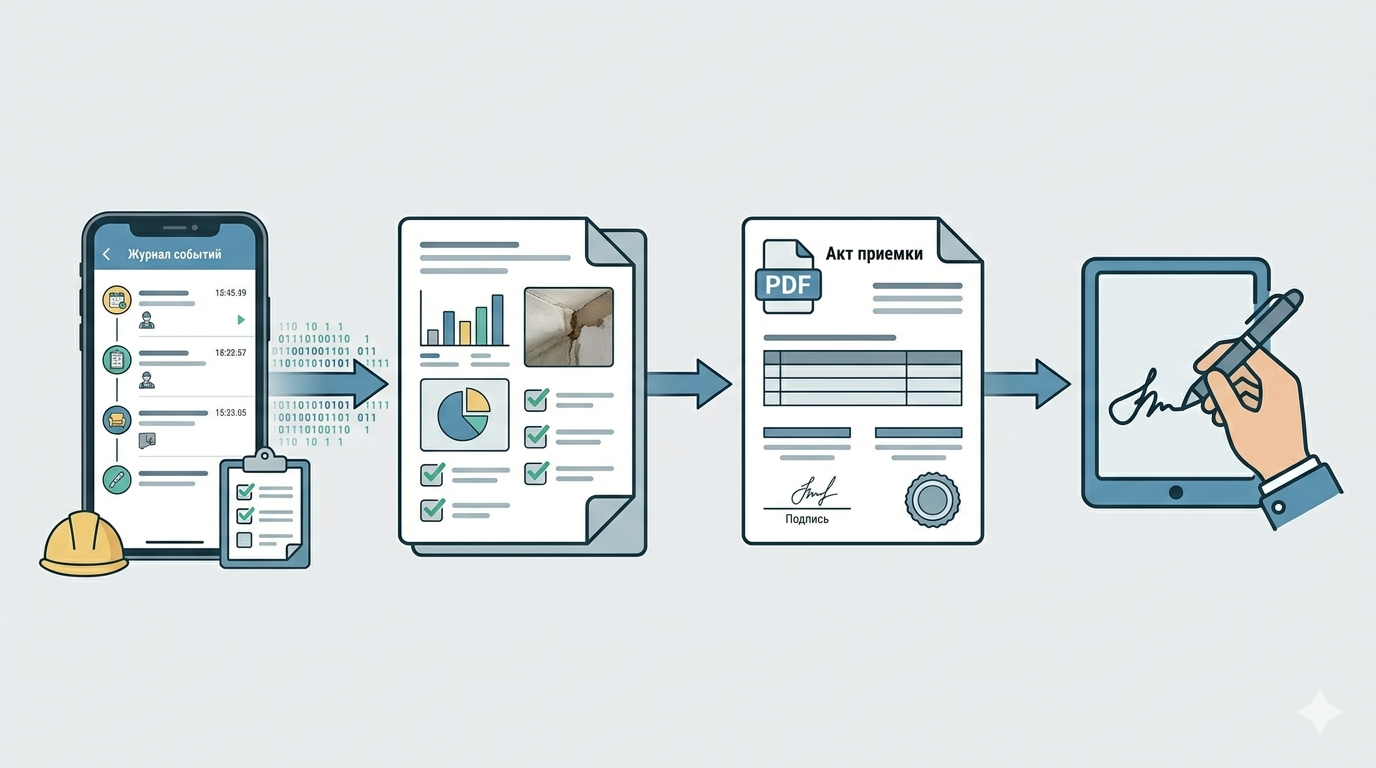 Схема приемки по этапам: факт работ превращается в акт