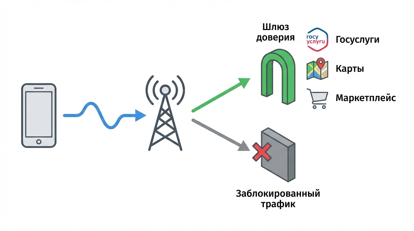Схема: мобильная сеть пропускает трафик только к доменам из белого списка