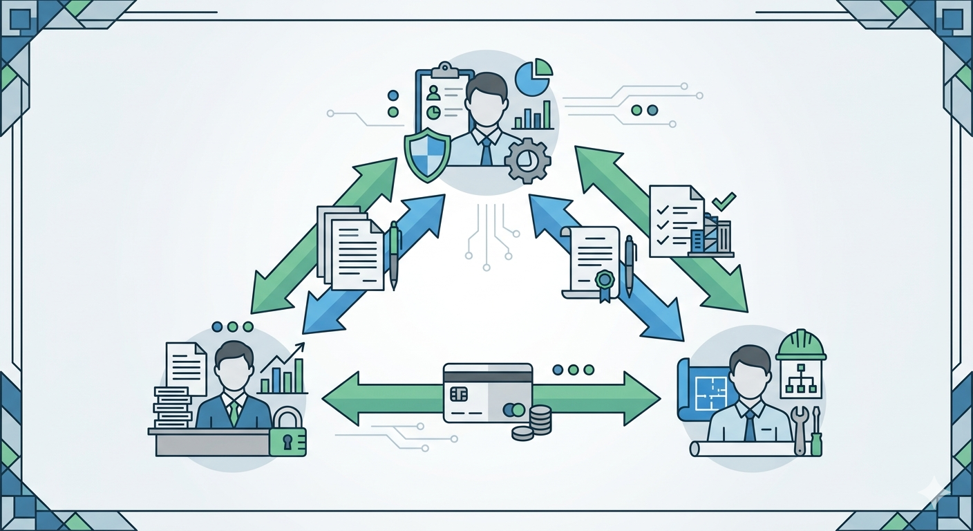 Схема: заказчик, плательщик и подрядчик; у каждого — свой документ подтверждения