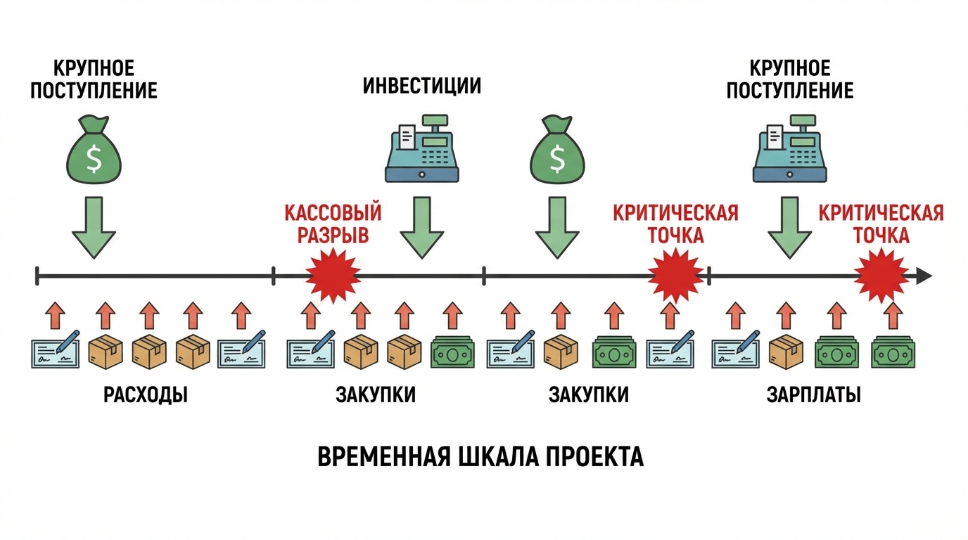 Схема входящего и исходящего потоков на шкале проекта