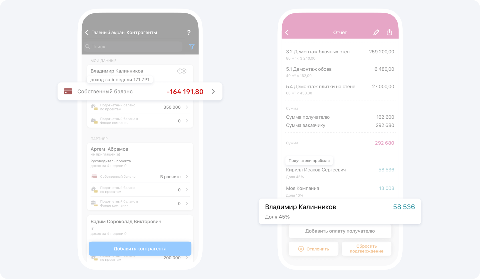 Экран распределения прибыли по участникам проекта в Приложении 101