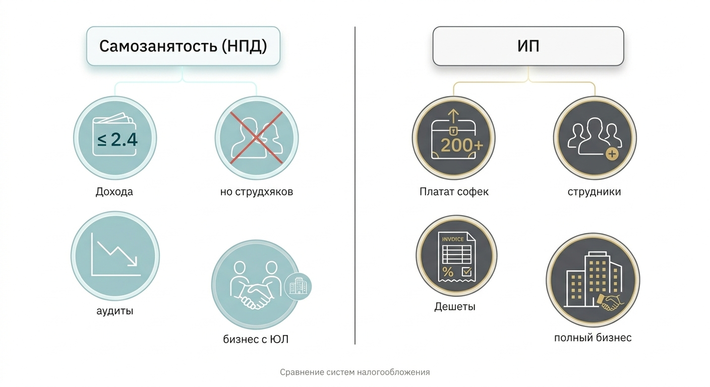 Схема: выбор между ИП и самозанятостью