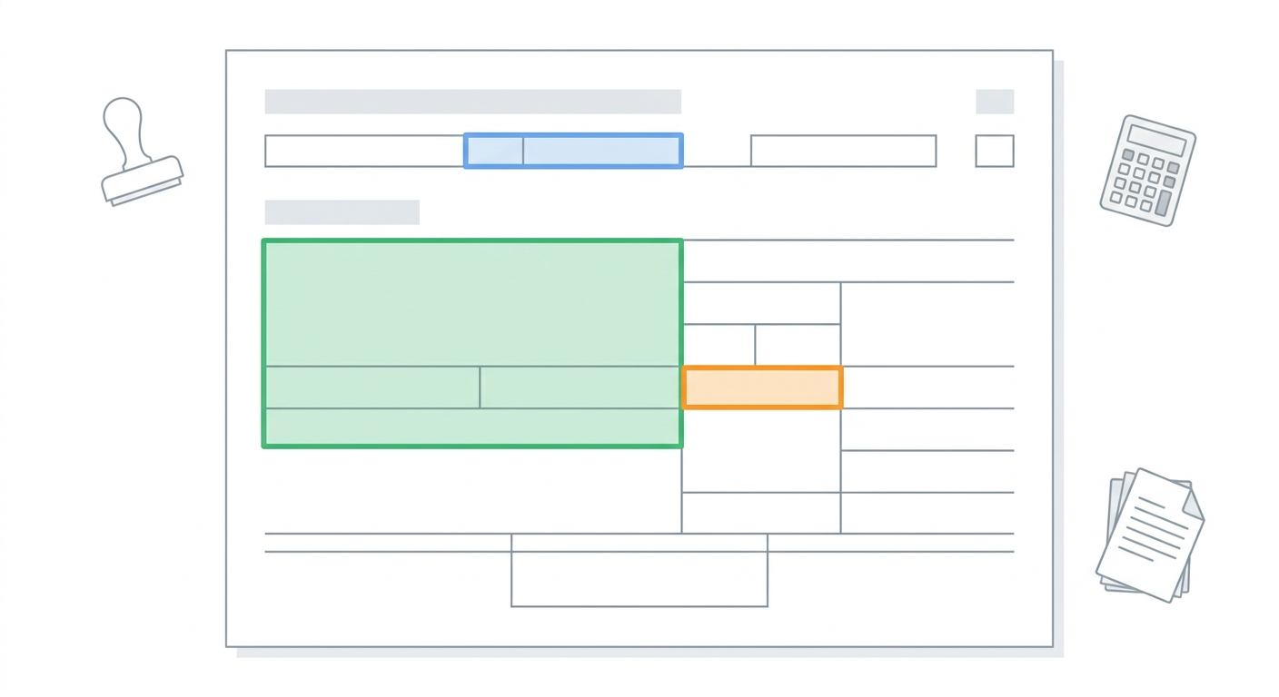 Схематичный документ платёжного поручения с выделенными блоками реквизитов
