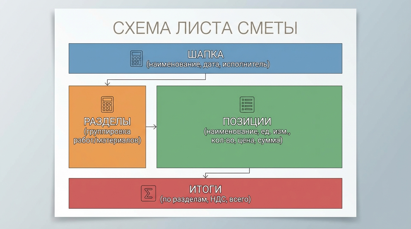Схема структуры сметы: шапка, разделы, позиции, итоги