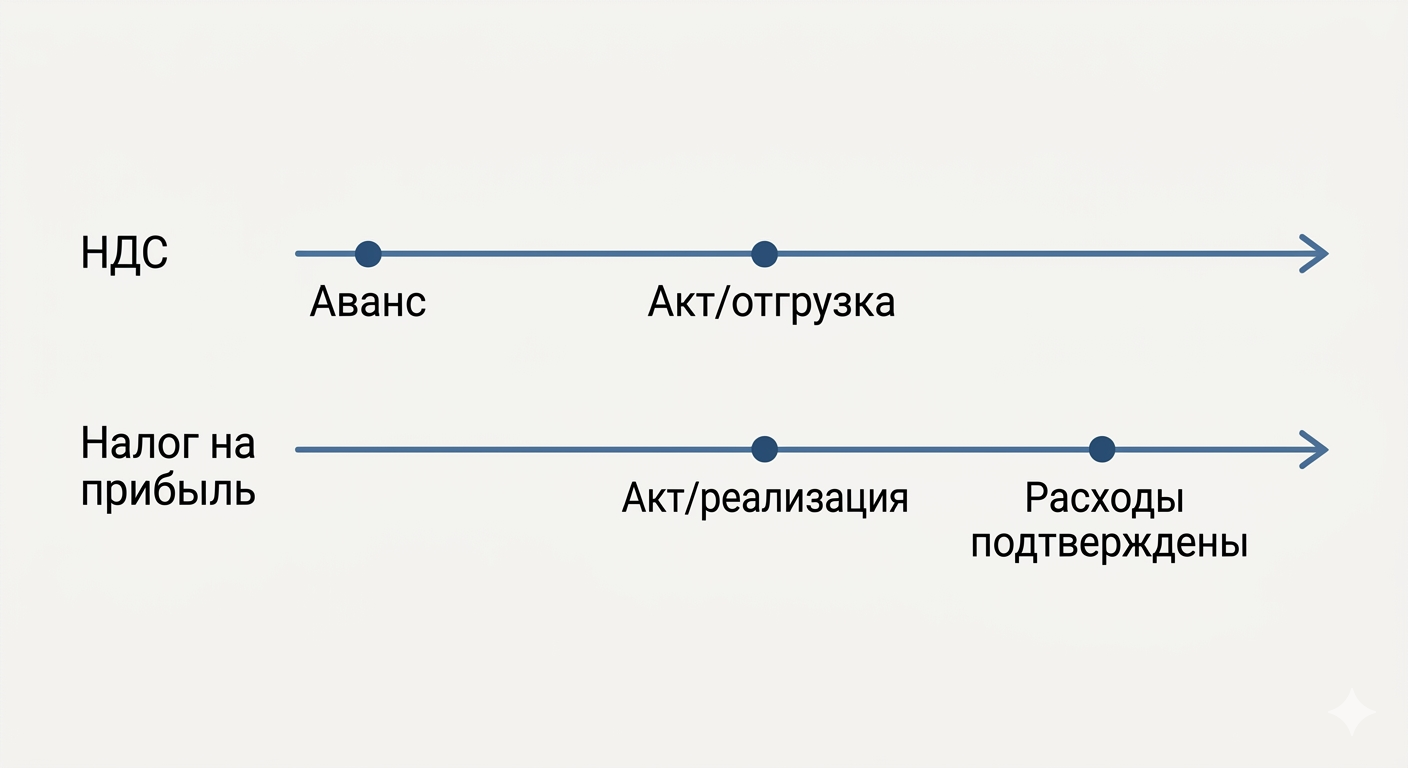 Схема двух временных линий: предоплата, акт, вычет, прибыль