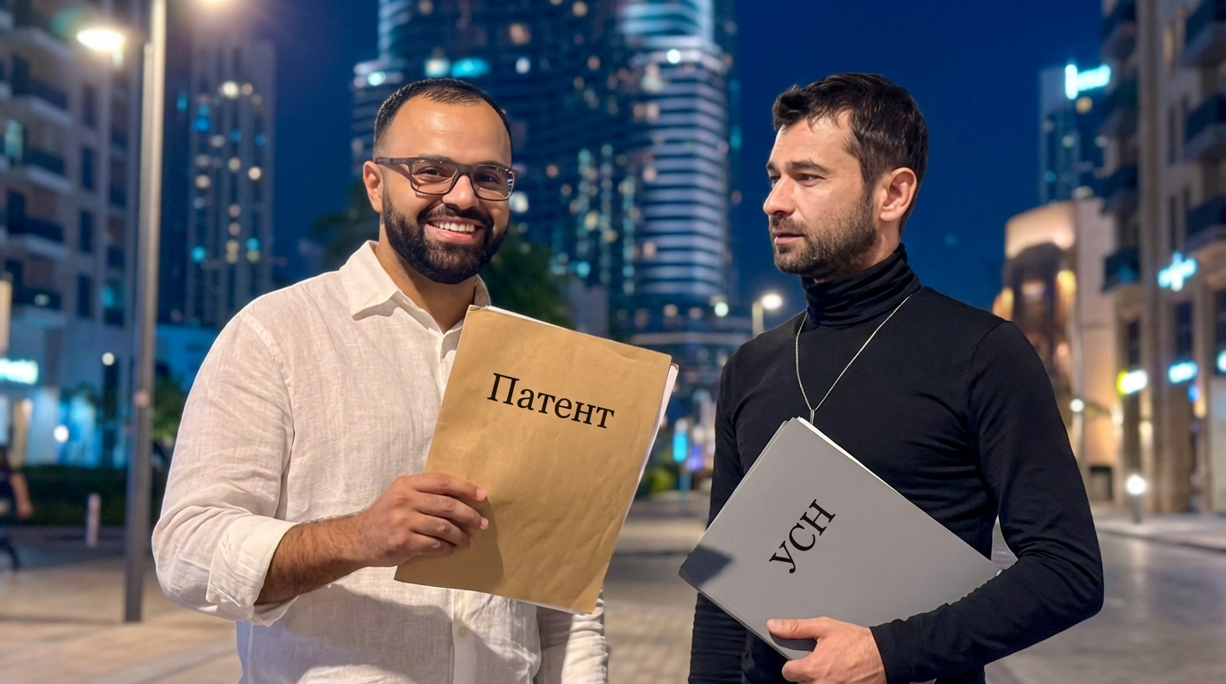 Два мужчин держат в руках папки ИП и ООО