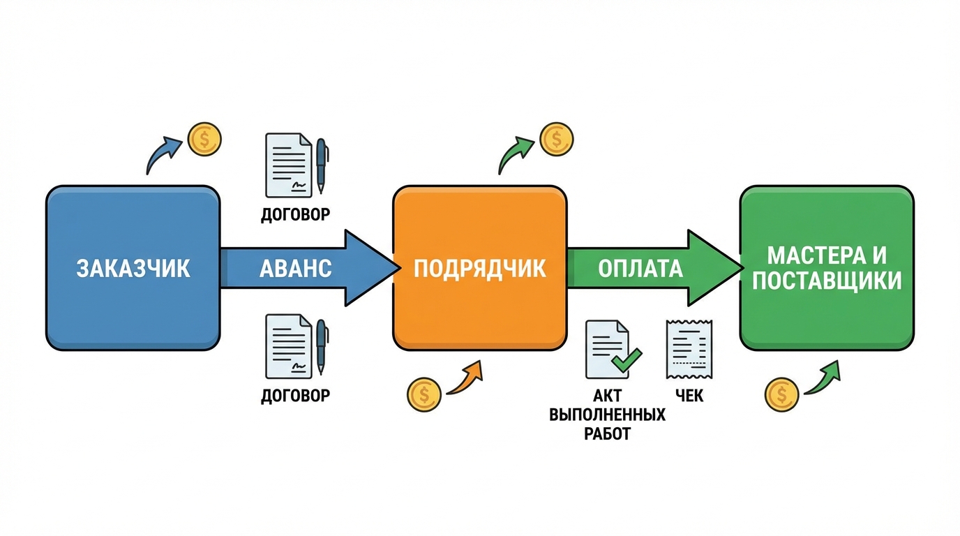 Схема движения денег в ремонте: заказчик, подрядчик, мастера, материалы