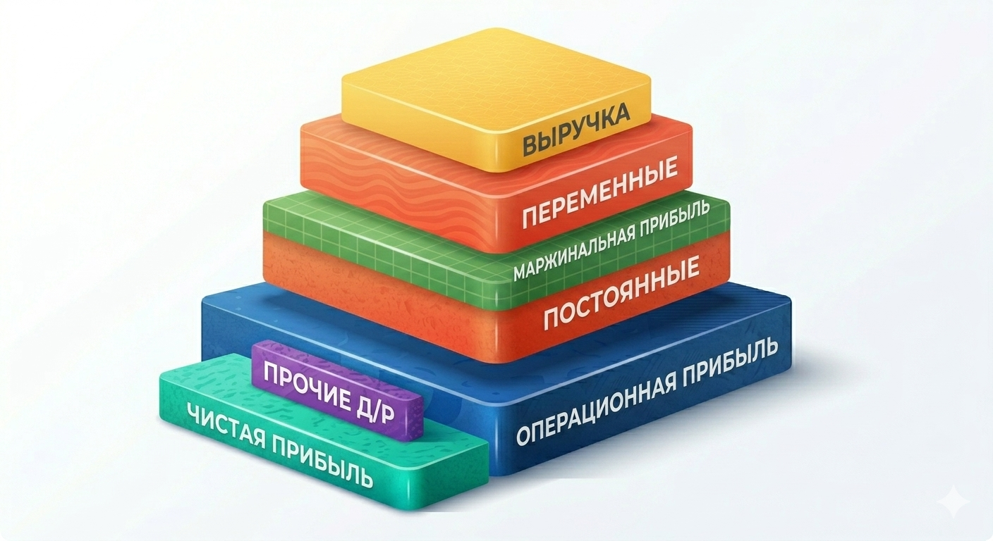 Схема слоёв прибыли: выручка → маржинальная прибыль → операционная прибыль → чистая прибыль