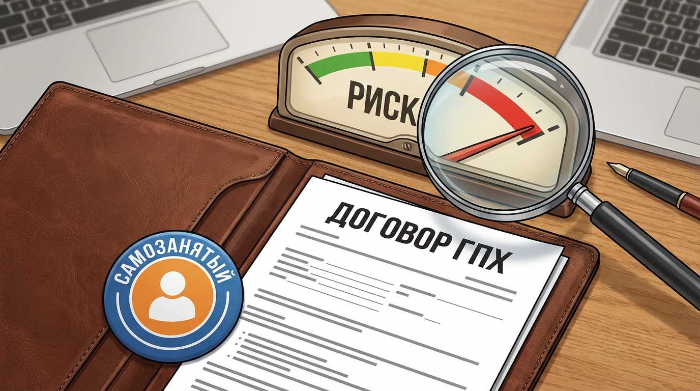 Иллюстрация: договор, значок самозанятого и индикатор риска