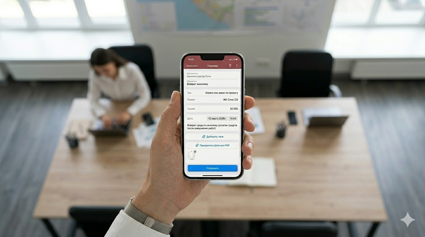 Смартфон с экраном учёта проекта и балансом