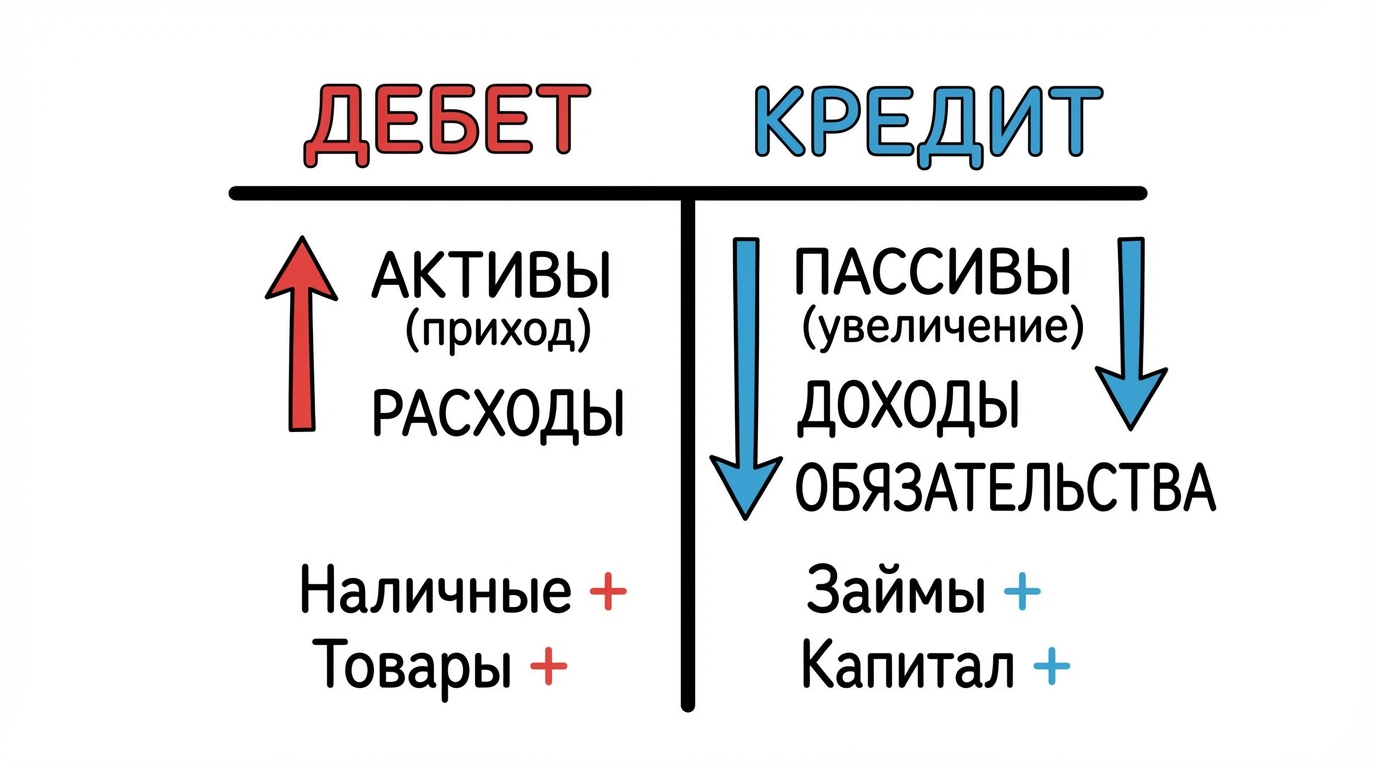 Схема Т-счёта: две колонки для дебета и кредита