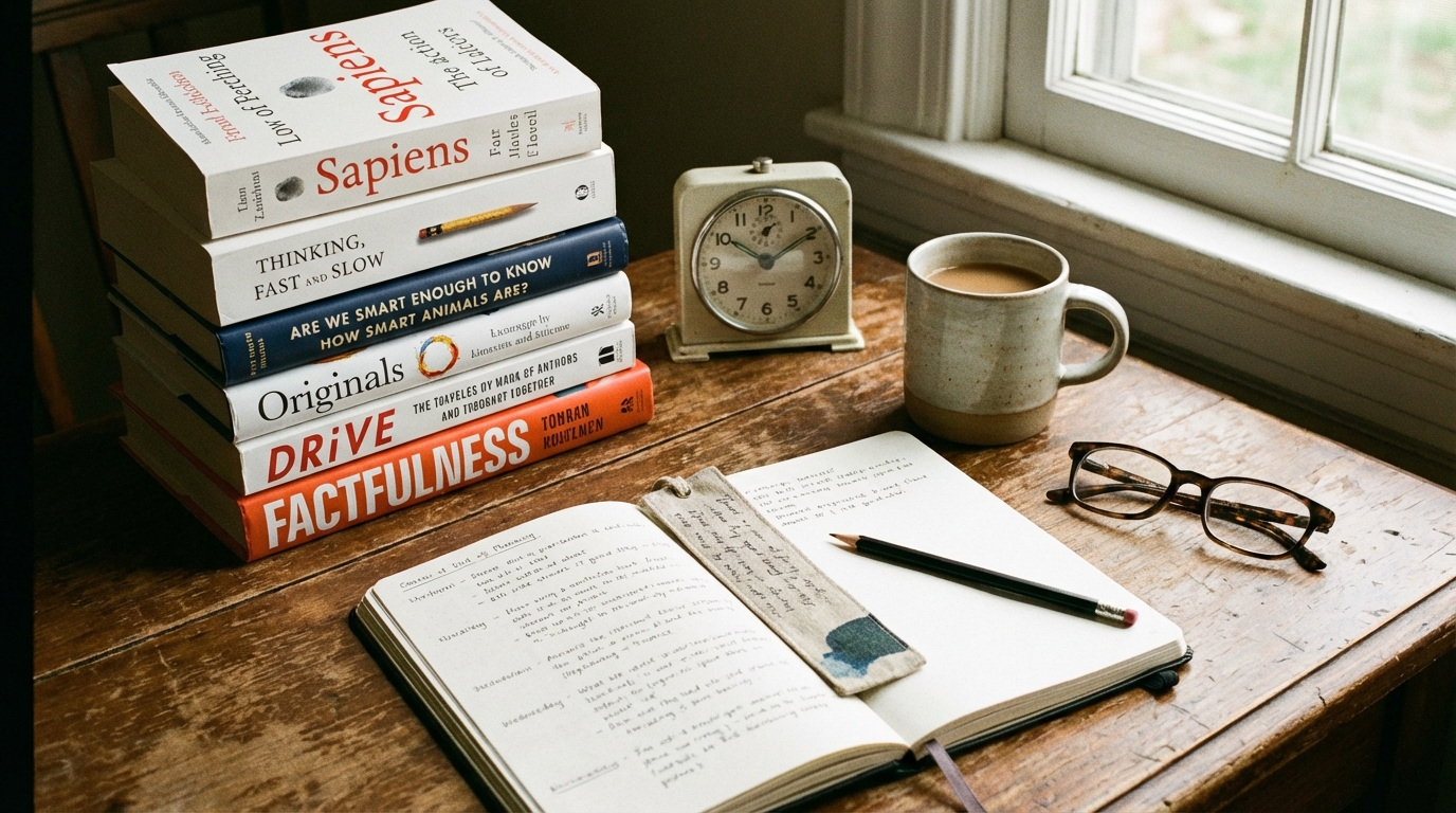 Стопка книг, часы и блокнот