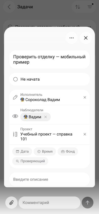 Карточка учебной задачи в браузере телефона