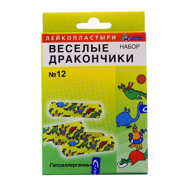 Лейкопластырь бактер. гипоал. набор Веселые Дракончики №12 пленочн. основа