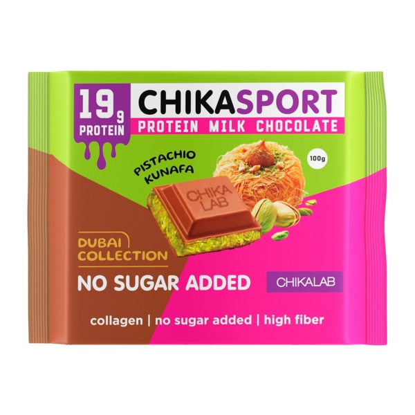 Chikalab Chikasport Dubai шоколад молочный с фисташковой пастой и хрустящим тестом с протеином без сахара 100г