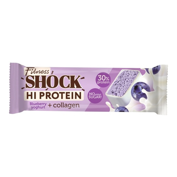 FitnesShock Hi Protein+Collagen батончик протеиновый глазированный без сахара черничный десерт 40г